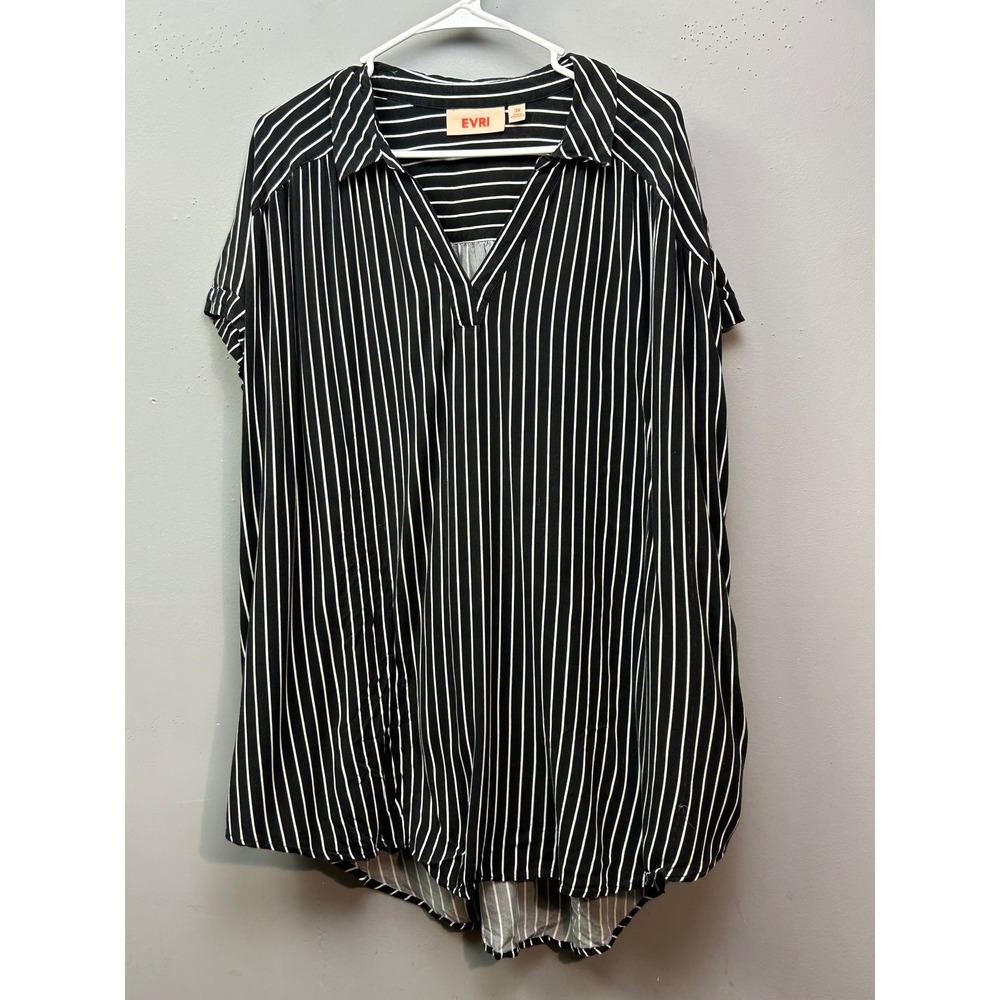 EVRI Blouse Women 3X Black Striped V-Neck Short Sleeve Relaxed Fit Tunic 16080
